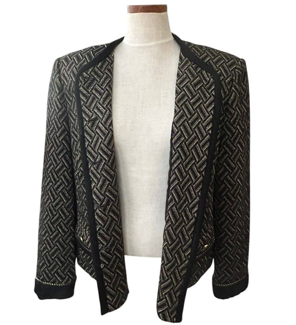 Vintage 80s Black & Gold Geometric Jacket SIZE 18 XL Metallic Rope Jacquard